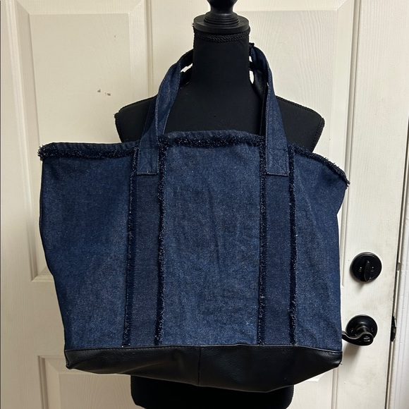 Handbags - Tote, Dark blue Jean material with a black bottom, zipper pocket on interior